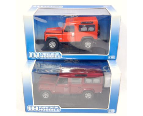 A Universal Hobbies 1.18 scale boxed Land Rover diecast group, two examples to include a Land Rover Defender, 90G4 edition, a