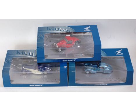 A Minichamps 1/43 scale Mullin automated Museum collection diecast group, three examples to include 1939 Bugatti type 57SC Ar