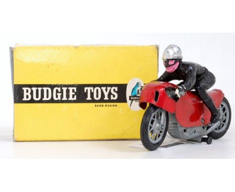 A Budgie Toys No. 262 racing motorcyclist comprising of red chromed body with diecast metal engine and silver capped rider, i