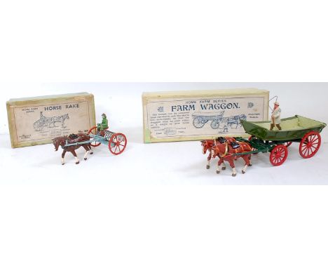 A Britains Home Farm Series boxed farming implement group, to include a re-painted No.5F farm wagon with driver figure, and a