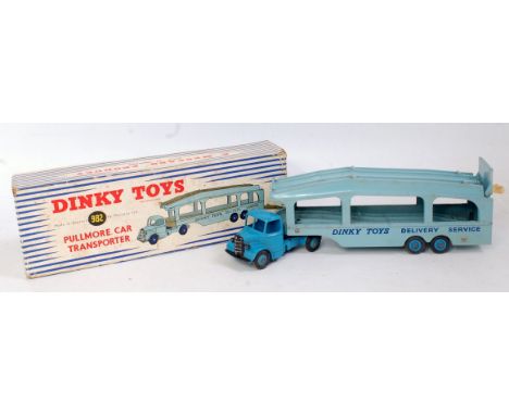 A Dinky Toys No.982 Pullmore car transporter, comprising mid-blue body and hubs with light blue back, in original blue and wh