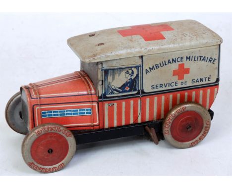 An early 20th century French tinplate and clockwork model of a Peugeot 201 ambulance, comprising red, cream and blue tin-prin