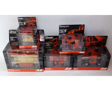 Five various boxed as issued JLG (The Power to Do More) boxed construction vehicles and telehandler group, all 1/32 scale to 