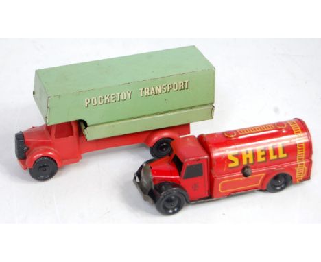 A Tinplate and plastic clockwork group to include a Brimtoy Shell tanker, a clockwork delivery van, together with a pocket to