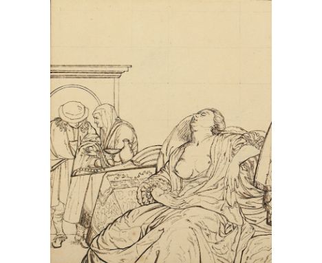 ITALIEN 18.JH., "Bei der Kupplerin", Tusche/Papier, 12,5 x 10,5 (Passepartoutausschnitt), R.