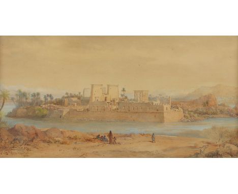 FIEDLER, Bernard (1816-1904), "Blick auf die Tempelanlagen der Philae-Insel bei Assuan in Ägypten", Aquarell/Papier, 29 x 56 