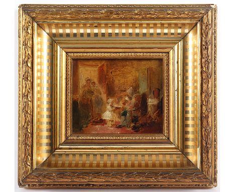 MALER DES 19.JH., "Besuch der Gratulanten", Öl/Malkarton, 10 x 12, R.