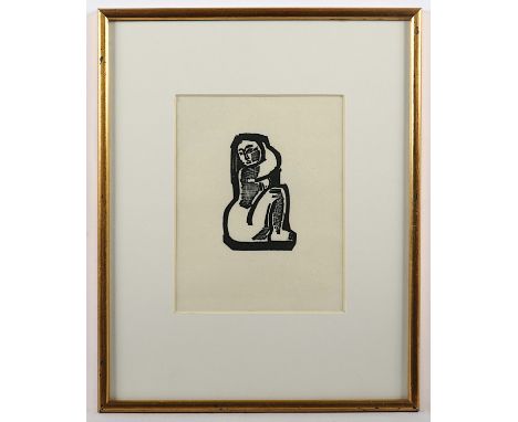 WOLFF, Gustav, "Badende", kauernder weiblicher Akt, Holzschnitt, ca. 12 x 8, Nachlass-Stempel, R.
