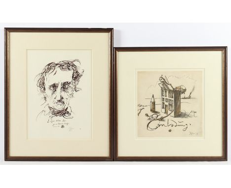 JANSSEN, Horst, zwei Grafiken, "Edgar Allen Poe", Lithografie, ca. 29 x 20. "Einladung", Farboffset, 23 x 23, jeweils handsig