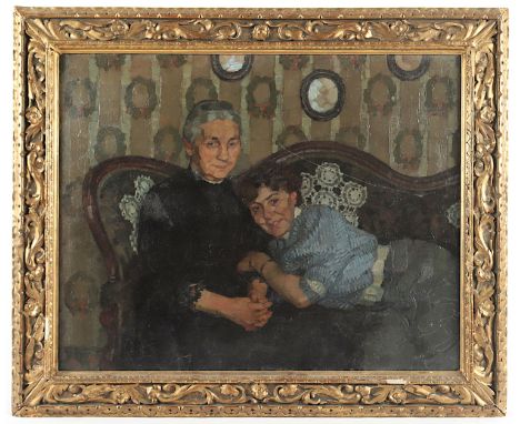 BEECKE, Heinrich (1877-1954), "Mutter und Tochter auf dem Sofa", Öl/Malkarton, 54 x 67, besch., unten rechts signiert, R.