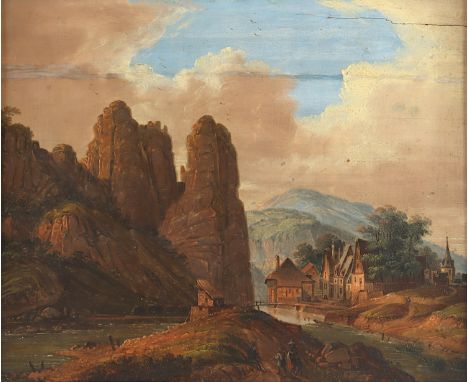 MALER UM 1840, "Landschaft mit Figuren", Öl/Holz, 26 x 31,5, besch. und rest., unten rechts "1840" datiert, verso altes Samml