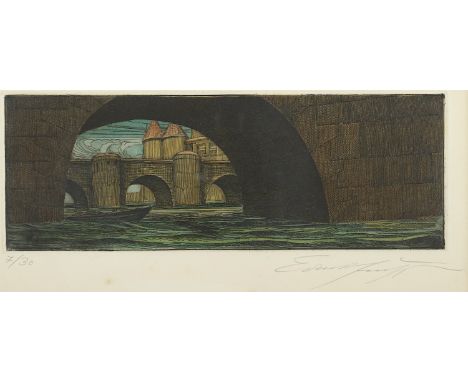 FUCHS, Ernst, "Brücke", Original-Radierung, koloriert, 11 x 29,5, nummeriert 7/30, handsigniert, R.