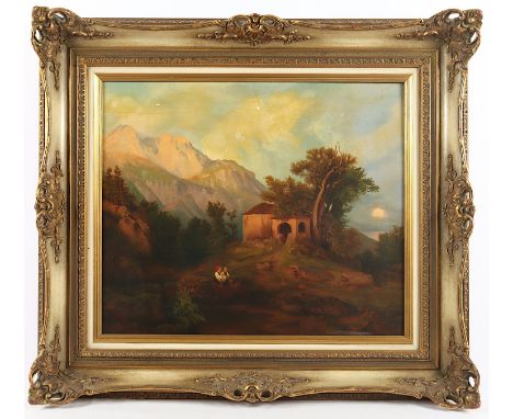 BERLINER MALER 2.H.19.JH., "Gebirgslandschaft mit Figuren", Öl/Lwd., 53 x 62, besch., R.