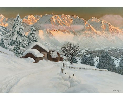 ARNEGGER, Alois (1879-1963), "Blick auf das winterliche Dachsteingebirge im Morgenrot", Öl/Lwd., 71 x 101, unten rechts signi