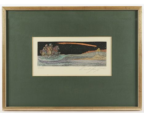 FUCHS, Ernst, "Die Heiligen 3 Könige folgen dem Stern von Bethlehem", Original-Radierung, koloriert, 11 x 29,5, nummeriert 41