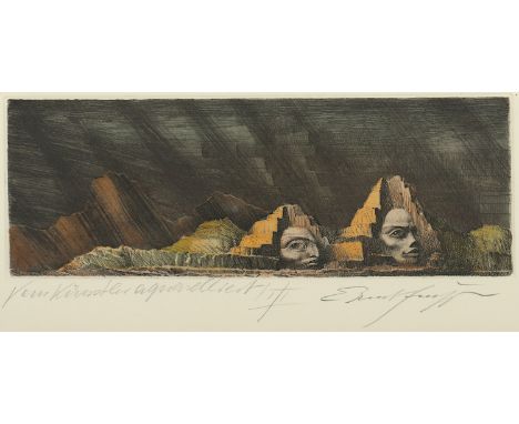 FUCHS, Ernst, "Pyramiden", Original-Radierung, vom Künstler aquarelliert, 11 x 30, handsigniert, R.