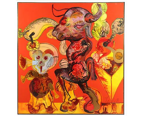 ZYLLA, Klaus, "Stier auf rotem Grund", Acryl-Mischtechnik/Lwd., 150 x 140, unten rechts signiert, verso betitelt und datiert 