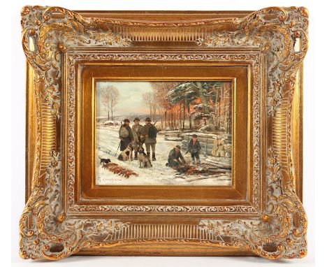 KAMPHAUSEN, Theodor (Jagdmaler des 20.Jh.), "Jäger in einer Winterlandschaft", Öl/Holz, 21 x 27, unten links signiert, R.
