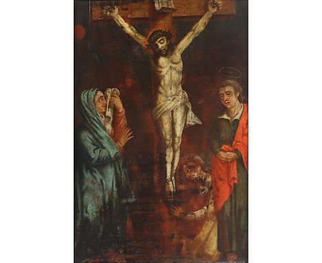 SAKRALMALER UM 1800, "Christus am Kreuz", Öl/Holz, 35 x 24, rest., R.