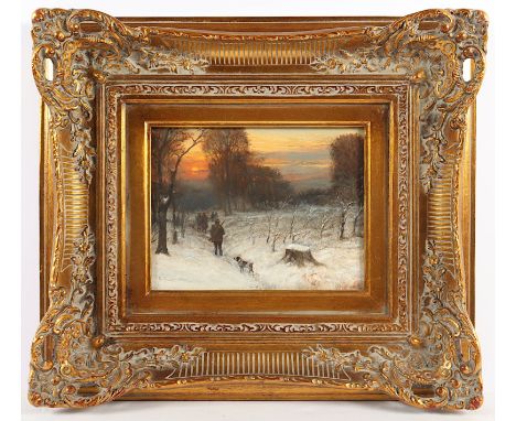 KAMPHAUSEN, Theodor (Jagdmaler des 20.Jh.), "Jäger in einer Winterlandschaft", Öl/Holz, 21 x 27, unten links signiert, R.