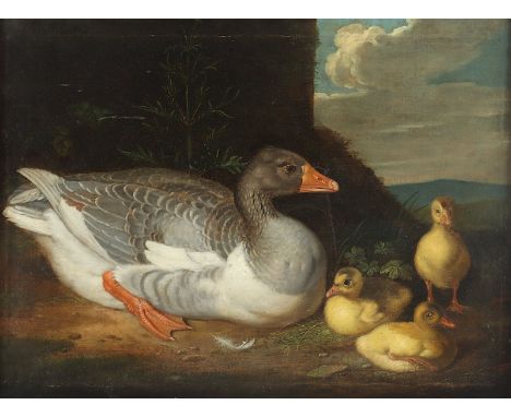 BECK, Jacob Samuel (1715-1778), "Gänsemutter mit drei Küken", Öl/Lwd., 60 x 80, doubliert, besch., unten rechts signiert, R.