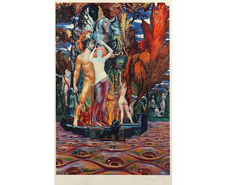 FUCHS, Ernst, "Perseus auf der Insel der Aphrodite", Farbserigrafie, 75 x 55, nummeriert 94/125, handsigniert, mit Zertifikat