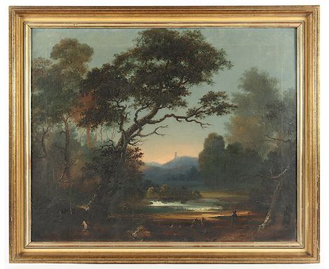 MONOGRAMMIST M.19.JH., "Landschaft im Abendrot", Öl/Lwd., 58 x 72, unten mittig unleserlich monogrammiert (CFS ?) und schwer 