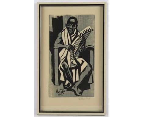 BISCHOFF, Eduard, "Der Lautenspieler", Original-Farbholzschnitt, 39 x 20, handsigniert, 1956, R.