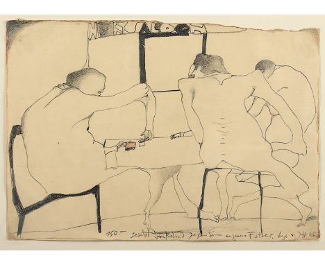 JANSSEN, Horst, "Pokerspiel", Bleistift-Zeichnung/Papier, leicht koloriert, 18,5 x 25, unten bez., unten rechts handsigniert 