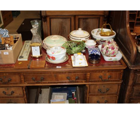 A large quantity of various decorative china; a tie press; a pair of glass decanters; a mantel clock etc.