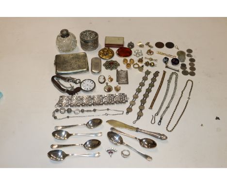 A box containing various silver plated items to include cutlery, cigarette tin, Tommy type lighter, coin bracelets, watch cha