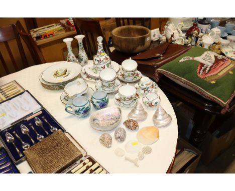 A quantity of Crown Staffordshire bone china hunting scene teaware; a pair of Victorian opaque glass vases; fish decorated pl