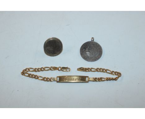 A silver Poetry Society pendant engraved to back; a yellow metal Identity bracelet marked 750, engraved Claire, approx. 5.4gm