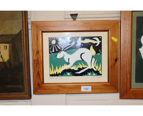 Alison Calvesbert, lino print "Moonlight Hare" in pine frame