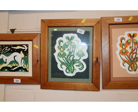 Alison Calvesbert, lino print "Columbine" in pine frame