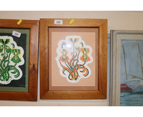 Alison Calvesbert, lino print "Columbine" in pine frame