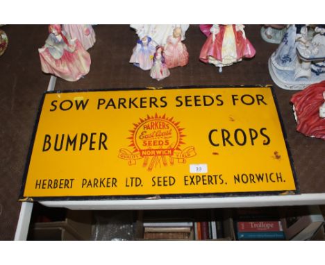 A vintage enamel advertising sign Parkers East Coast Seeds Norwich, "Sow Parkers Seed For Bumper Crops"