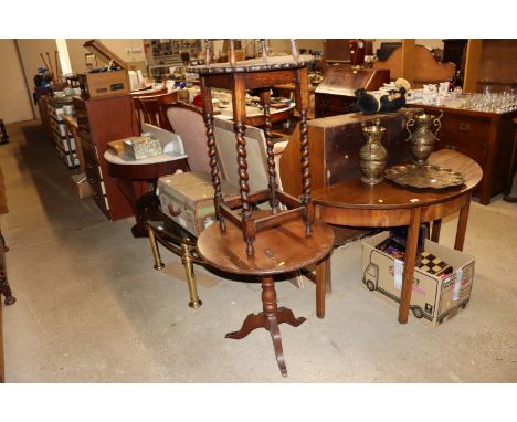 An oak  barley twist occasional table; a small mahogany tripod table and a small oak bobbin turned plant stand 