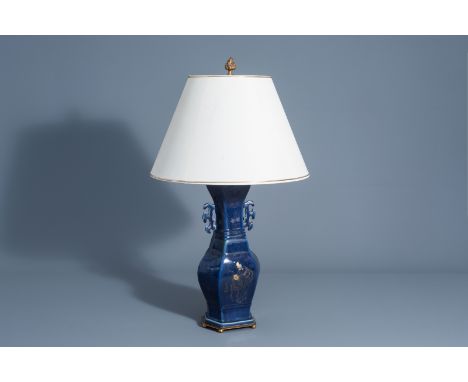 A Chinese monochrome blue vase with gilt decoration transformed into a lamp, Qianlong -- Description: H 78 cm (the lamp)Ê H 4