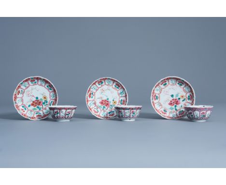 Three Chinese famille rose cups and saucers with floral design, Yongzheng -- Description: Dia.: 11,6 cm (the saucers)Ê H 4 cm