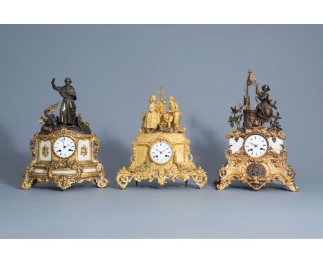 Three French gilt and patinated bronze romantic mantel clocks, 19th C. -- Description: H 44 cm (the clock on the left side)Ê 
