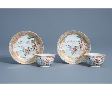 A pair of Chinese famille rose 'hunting scene' cups and saucers, Qianlong -- Description: Dia.: 11,5 cm (the saucers)Ê H 3,9 