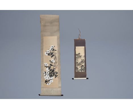 Chinese school, ink and colour on paper, 19th/20th C.: One floral work and one landscape -- Description: The painting: 131,2 
