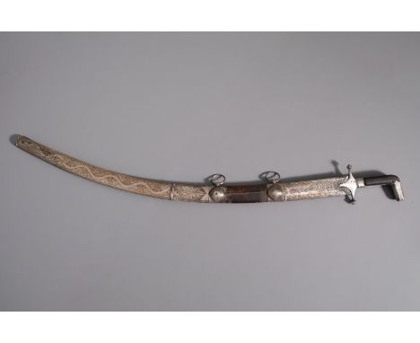 An Islamic 'Shamshir' sword with leather and silver scabbard, Middle East, 19th/20th C. -- Description: L 100 cm