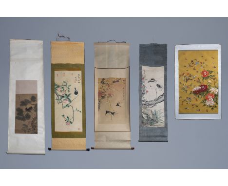Chinese school, ink and colour on silk and paper, 19th/20th C.: Five works with birds and butterflies -- Description: The pai