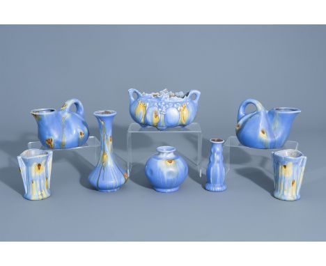 Five polychrome Art Nouveau vases, two jugs and a jardinire, Thulin, first half of the 20th C. -- Description: H 21,5 - 11,5 