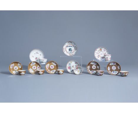 Eight Chinese famille rose cups and saucers and an Amsterdams bont bowl, Qianlong -- Description: Dia.: 14,2 - 11,3 cm (the l