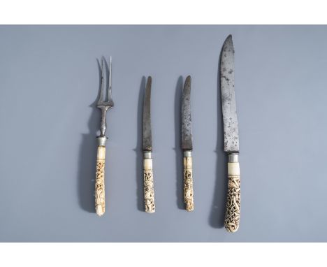 A meat knife and fork and two knives with carved ivory handles with dancing figures, India or Indonesia, 19th C. -- Descripti