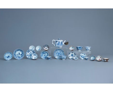 A collection of Chinese blue, white, famille rose and Imari style cups and saucers and a teapot and cover, 18th C. and later 