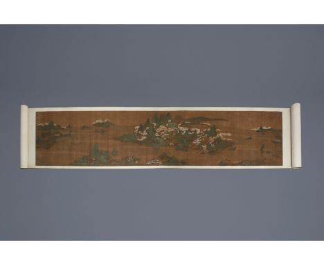 Chinese school, ink and colour on silk, in the manner of Li Zhaodao, 18th C. or earlier: A mountainous landscape -- Descripti